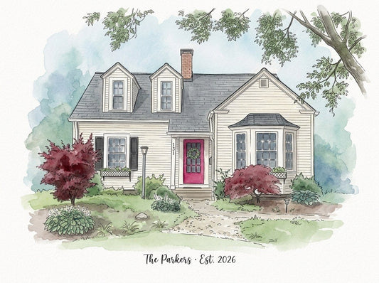 Watercolor portrait of a Cape Cod house with a red door, captioned The Parkers, Est. 2026